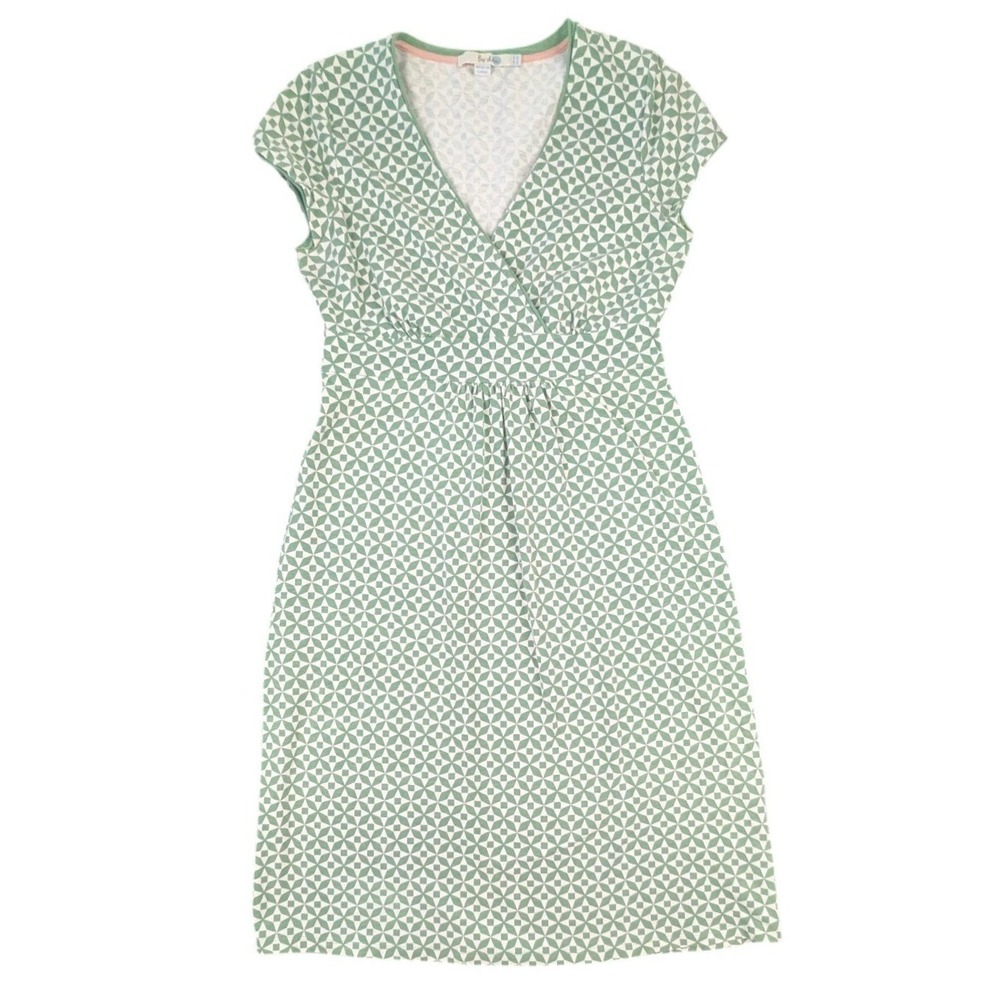 Boden Green White Geometric Faux Wrap Dress US 6 Cotton Stretch Short Sleeve